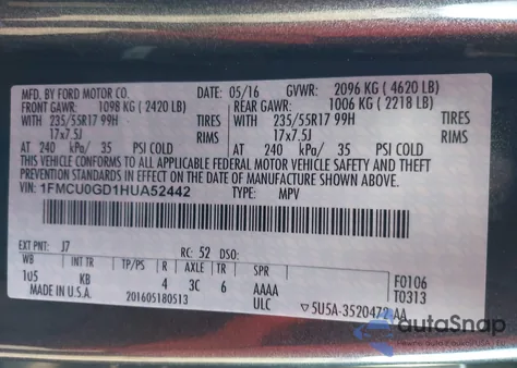 2017 Ford Escape Se from USA, damaged, VIN 1FMCU0GD1HUA52442